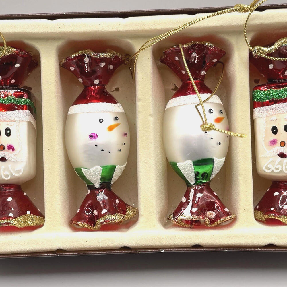 Papyrus Santa Snowman Candies Glass Christmas Ornaments Set Of 4 in Box